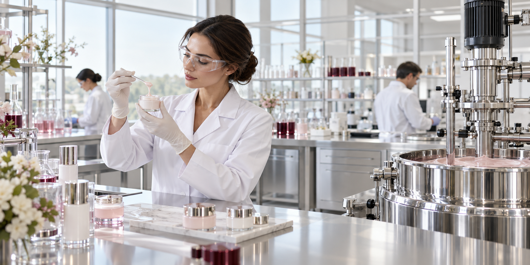 Cosmetics formulation specialist evaluating a skincare texture in a modern laboratory